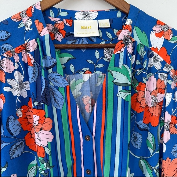 Maeve button  down shirt with v-neck, long sleeves & tie at waist, floral print - Picture 3 of 13